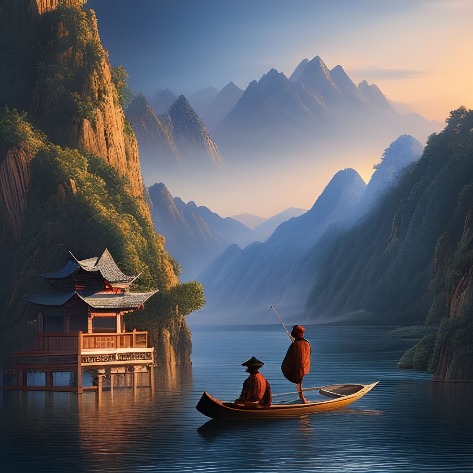 Chinese Fisherman at Sunrise: Digital Matte Painting