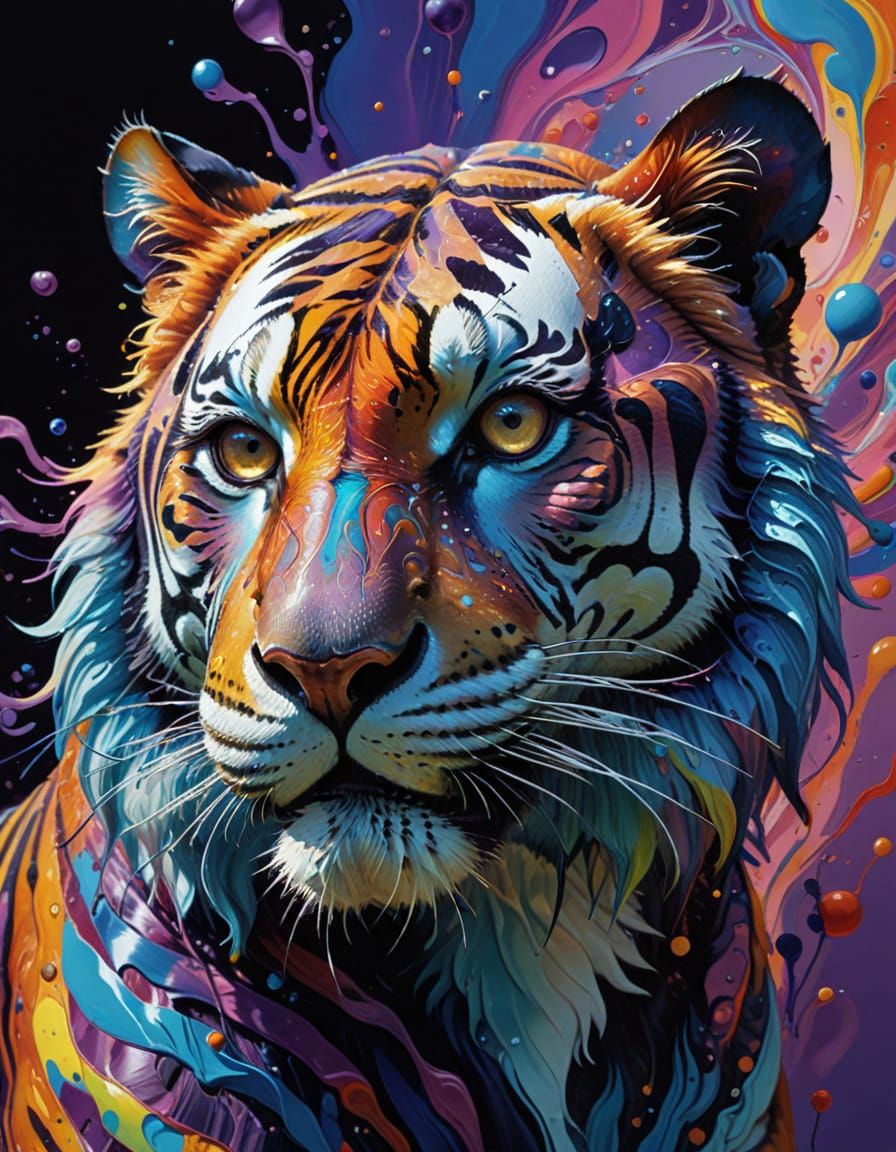Vibrant Tiger in Melted Crayon Stripes, Surrealist Art