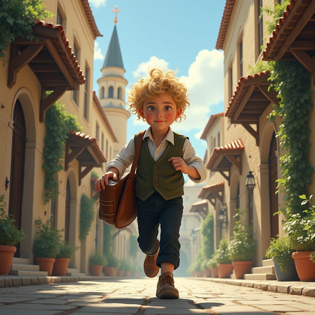 Hasidic Boy Running in Fantastical Matte Painting Style