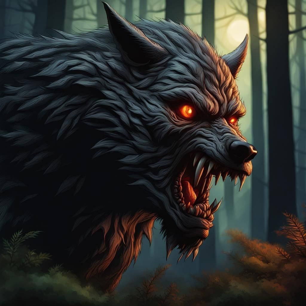 Hyperrealistic Werewolf in Dark Woods: Splash Art