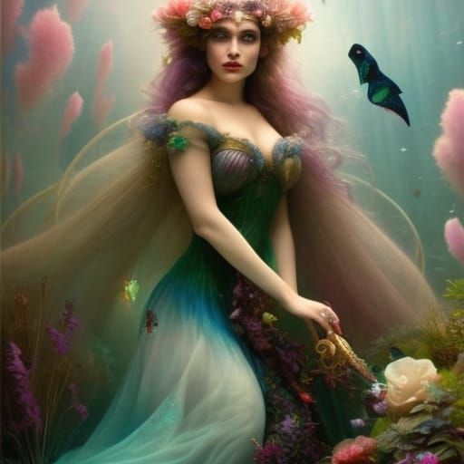 Mermaid Princess in Underwater Rococo Steampunk Scene