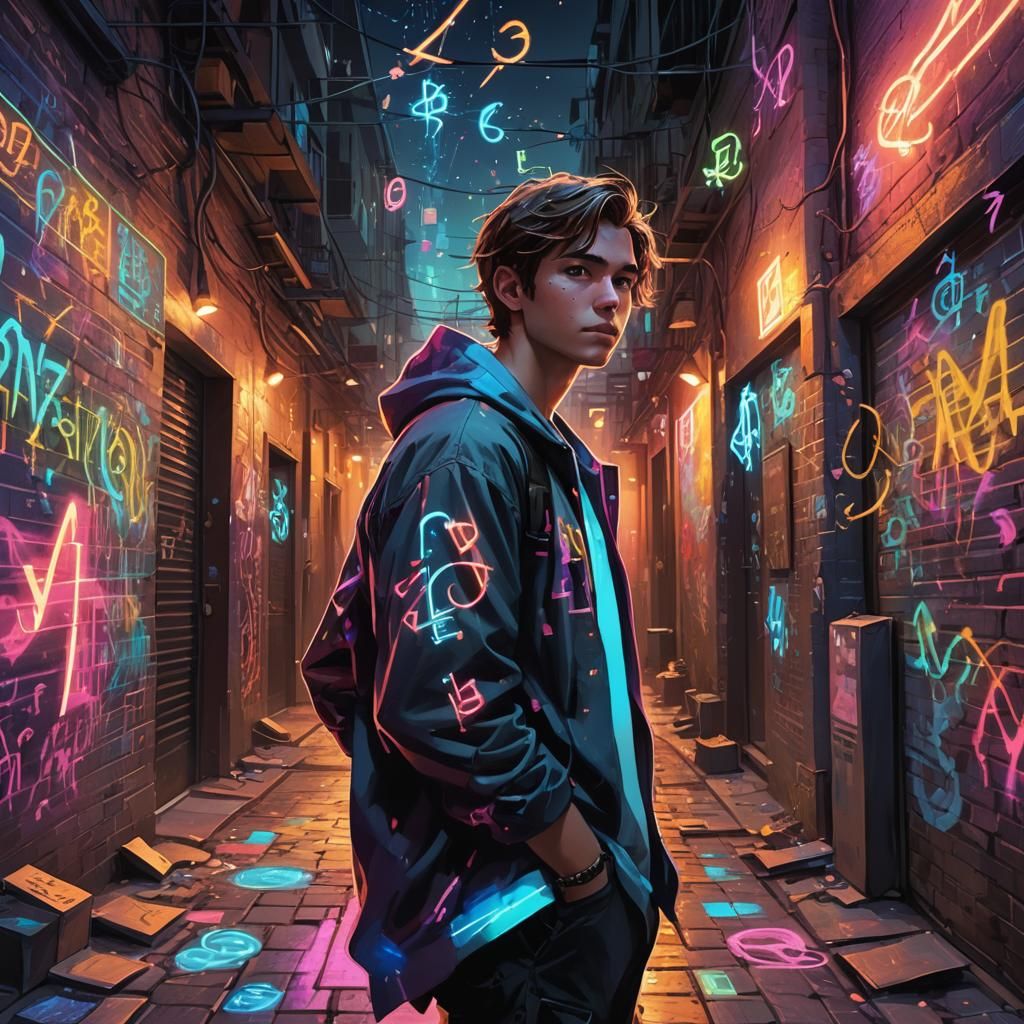 Fantasy Art: Math Equations in Neon-Lit Alley