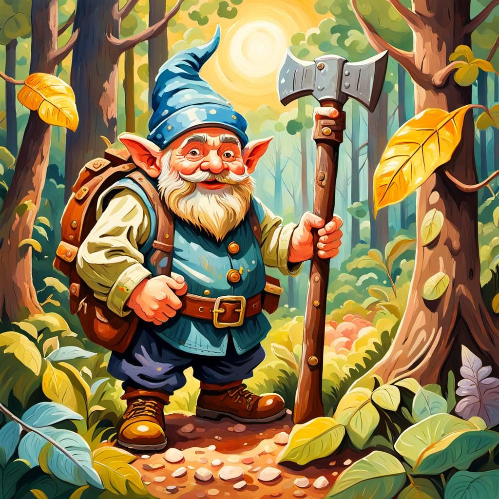Whimsical Dwarf in Sunlit Glade - Gouache Painting