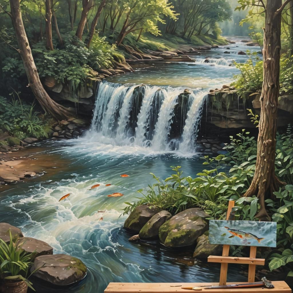 Surreal River Waterfall Painting in Studio, Oil on Canvas