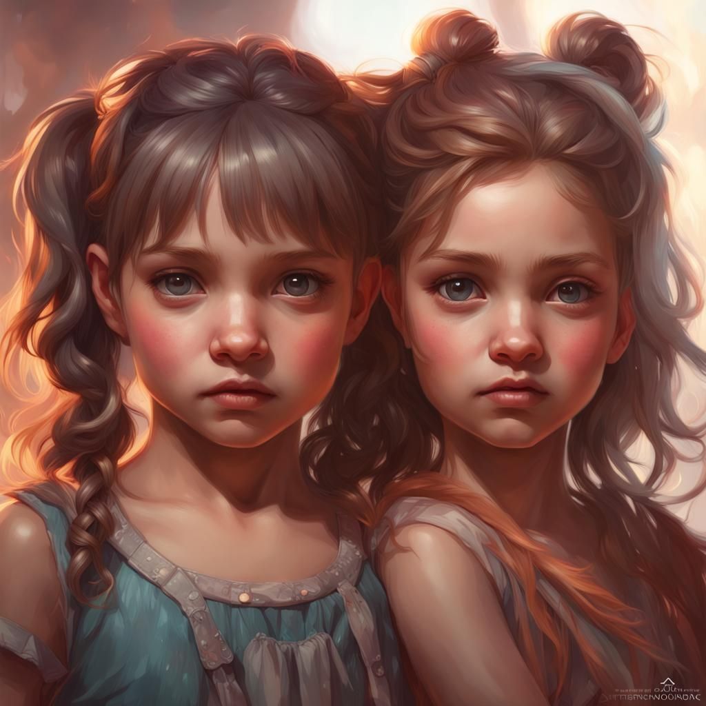 Toddler and Teen Cousin Portrait in Detailed Art Style