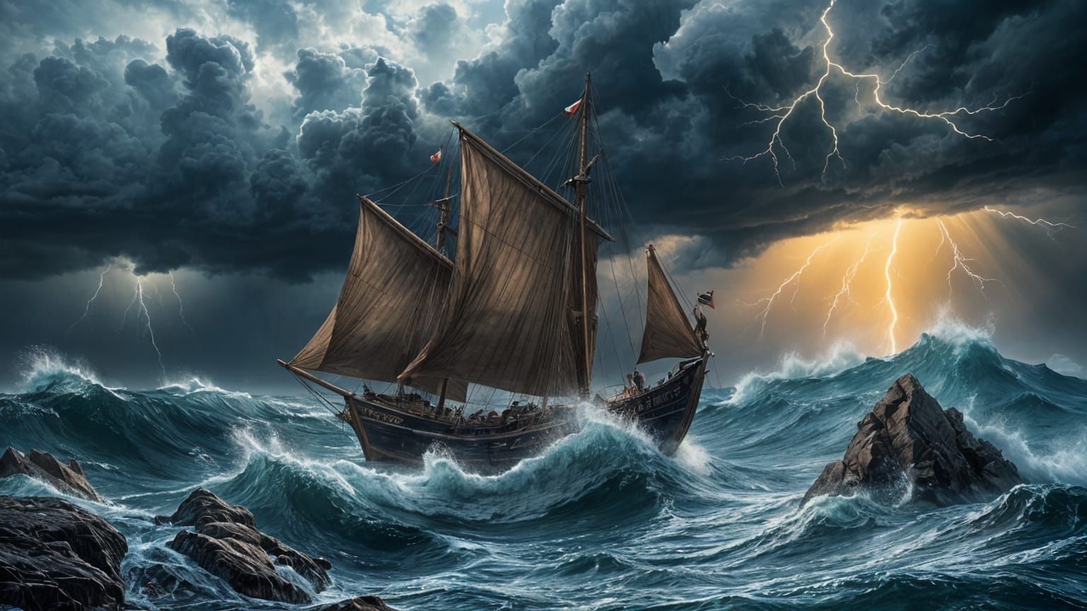 Stormy Seas Toss Ancient Dhow with Tattered Sails