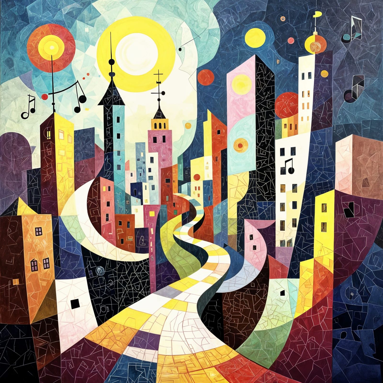Abstract Cityscape of Musical Notes in Surreal Oil Painting ...
