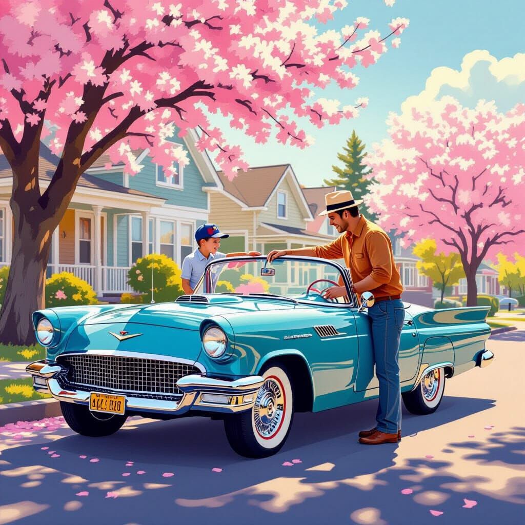 Father and Son Polish 1950s Convertible in Warm Sunlight