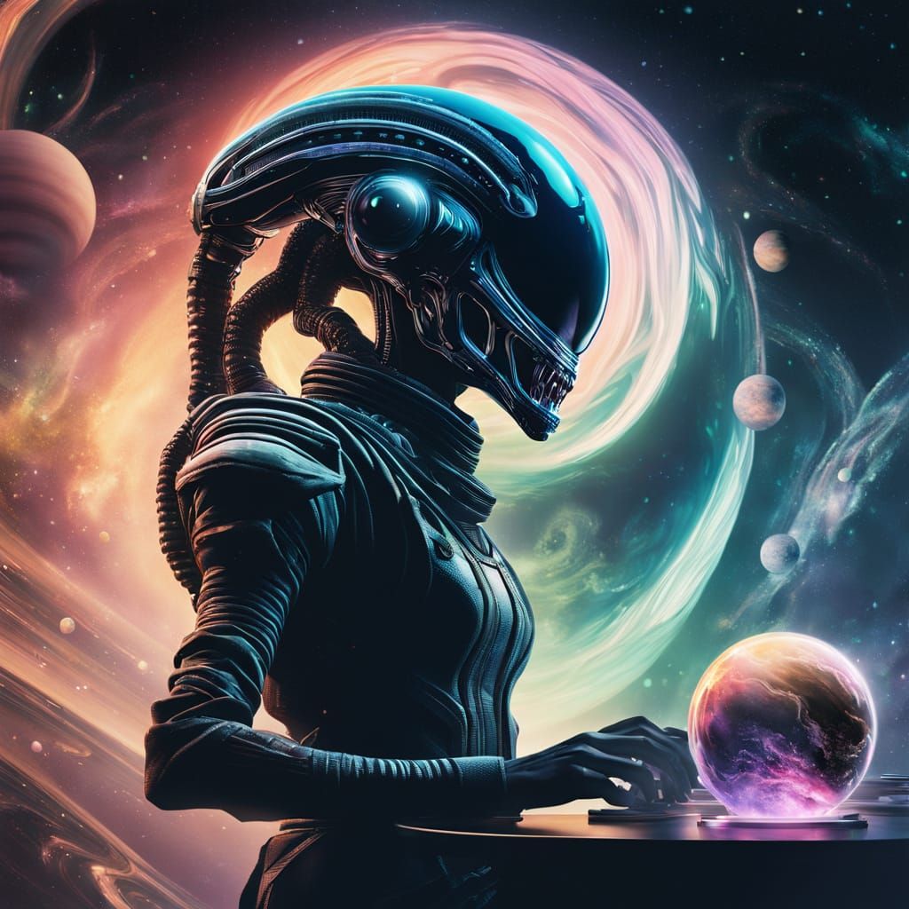 Alien Waitress Overlays a Swirling Gas Planet in a Holograph...