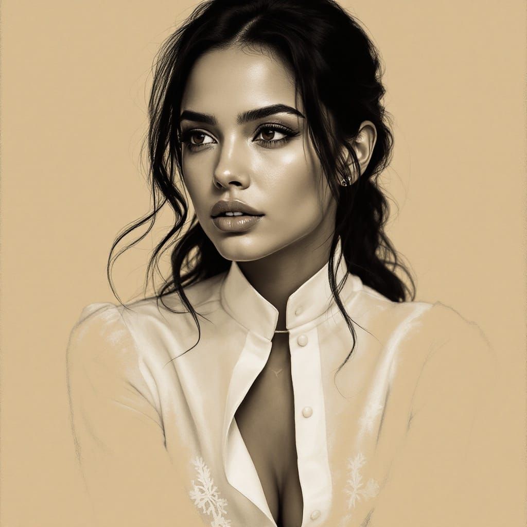 Elegant Portrait of a Young Woman in Charcoal and White Chal...