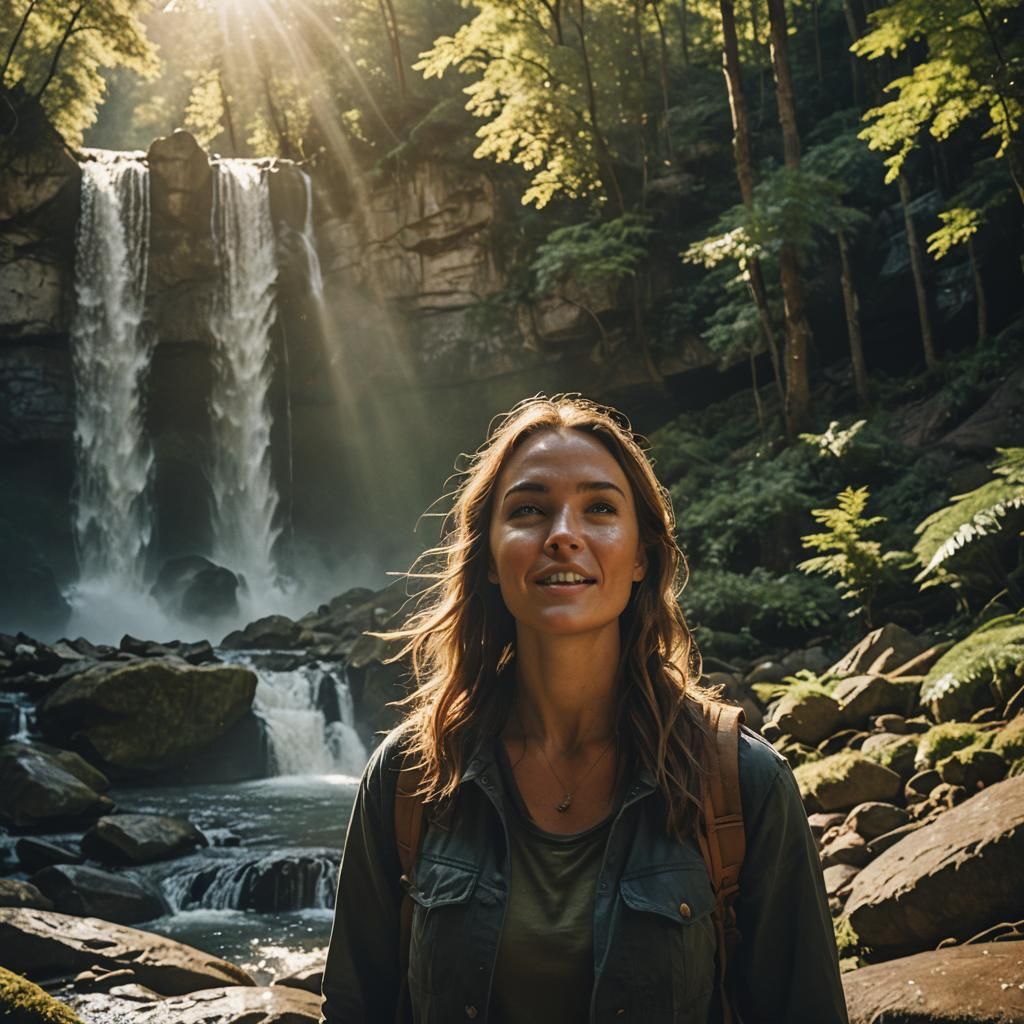 Fantasy Forest: Sunlight, Waterfall, and Strong Woman