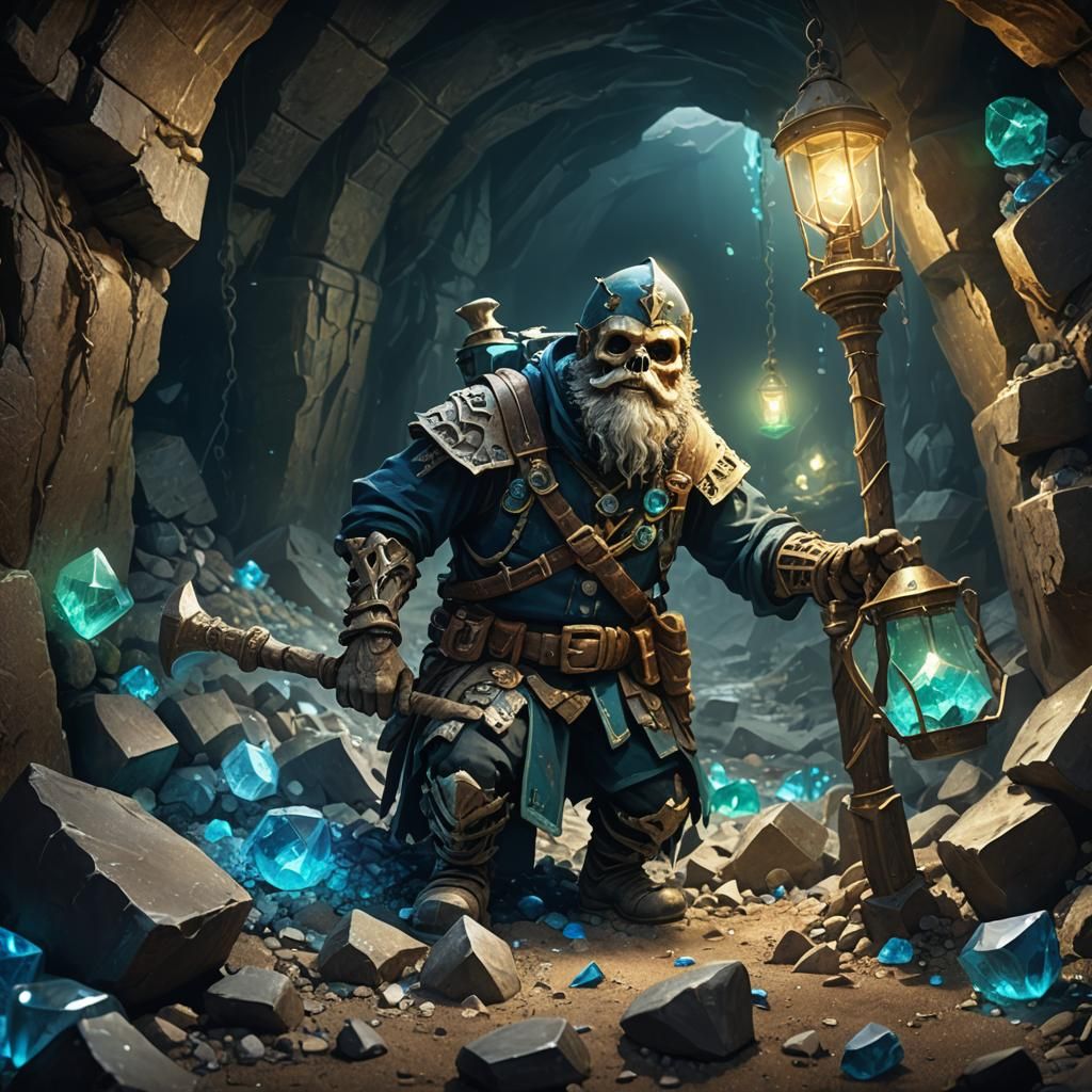 Skeleton Dwarf Miner Excavating Crystals in Ancient Mine