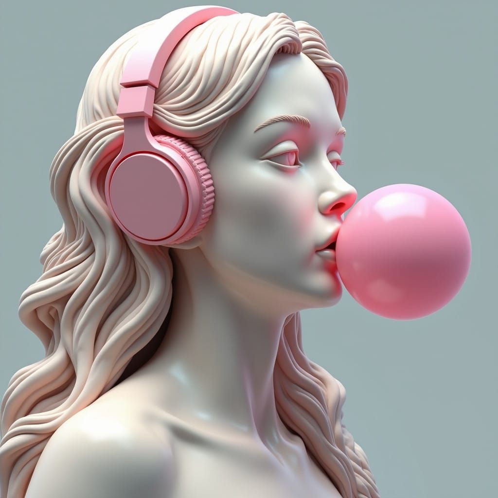 Hyper-Realistic Marble Goddess Blows Pink Bubble