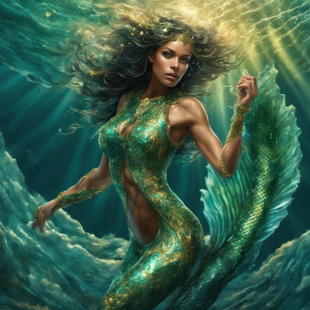 Jade Mermaid in Golden Light, Hyperrealistic Splash Art