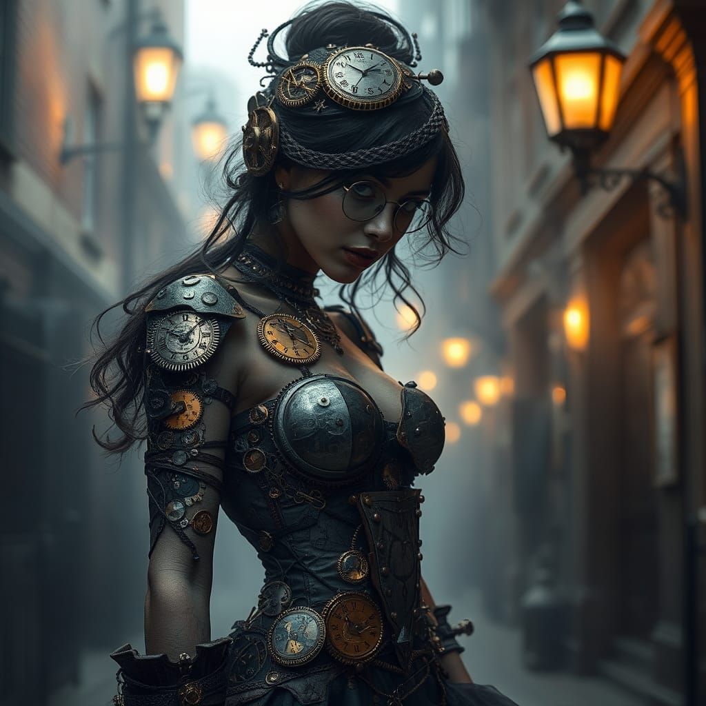 Steampunk Woman with Clockwork, Victorian London Scene