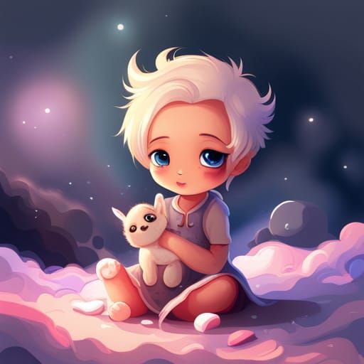 Cute Cartoon Baby and Dog in Surreal Fantasy