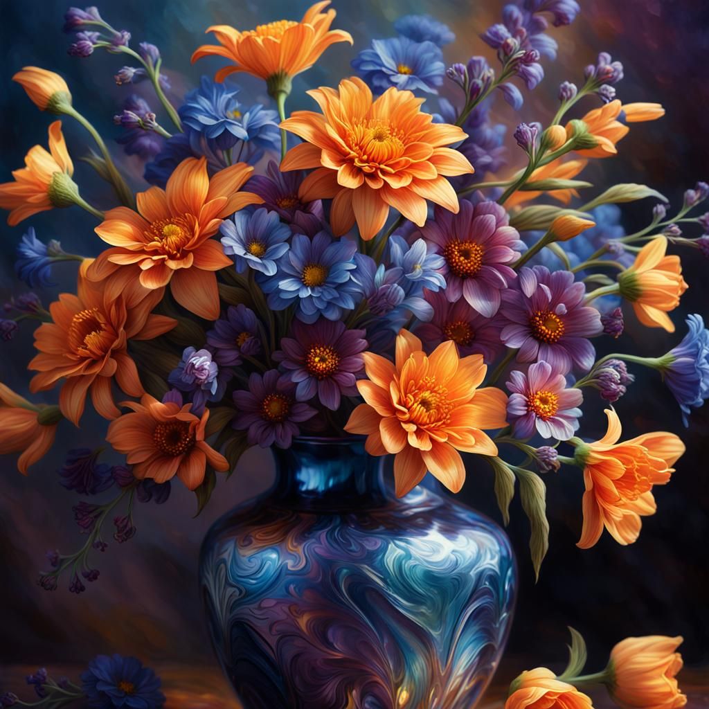 Vibrant Flowers in Vase as Fantasy Matte Painting