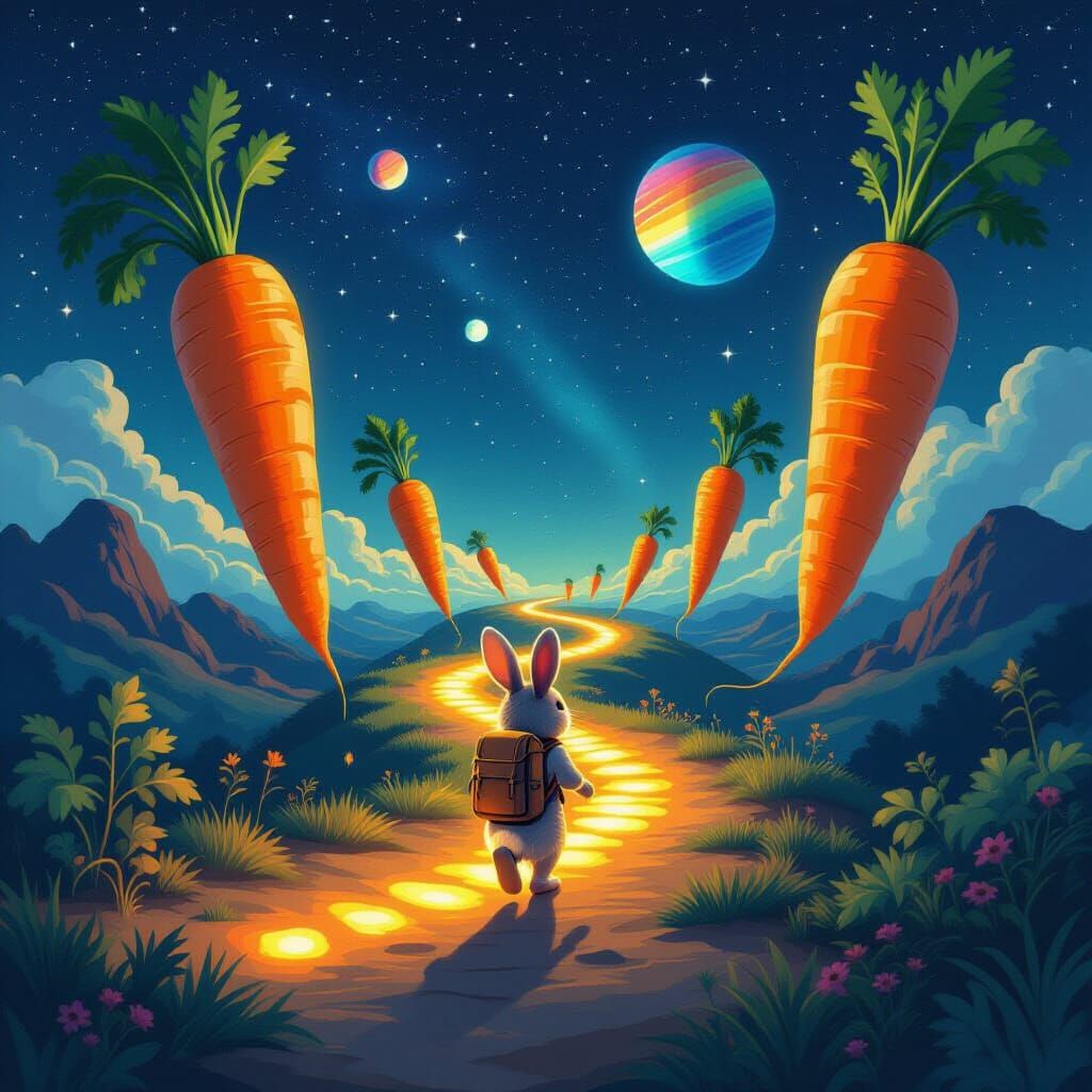 Surreal Carrot Path in Starry Sky with Adventurous Rabbit