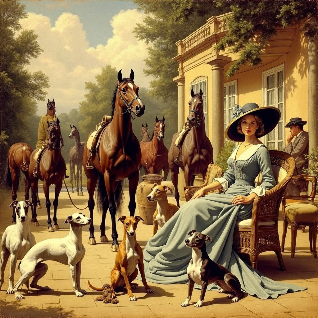 Elegant Chatelaine with Greyhounds in Oil Painting Style