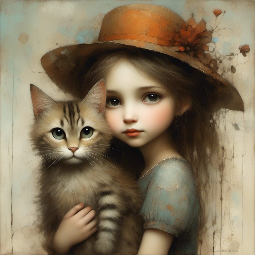 Whimsical Portrait of Girl with Cat in Fairytale Style