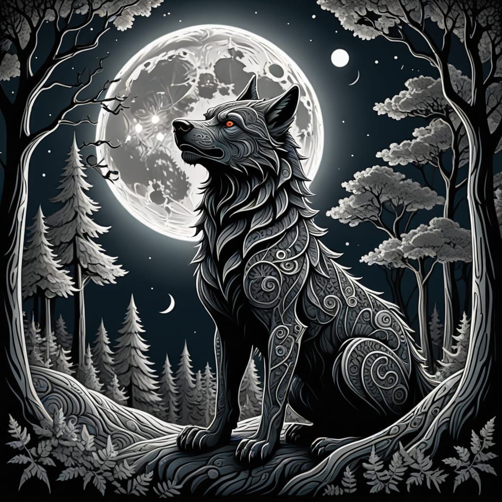 Werewolf Howling at Moon with Imps, Abstract Vector Fractal ...