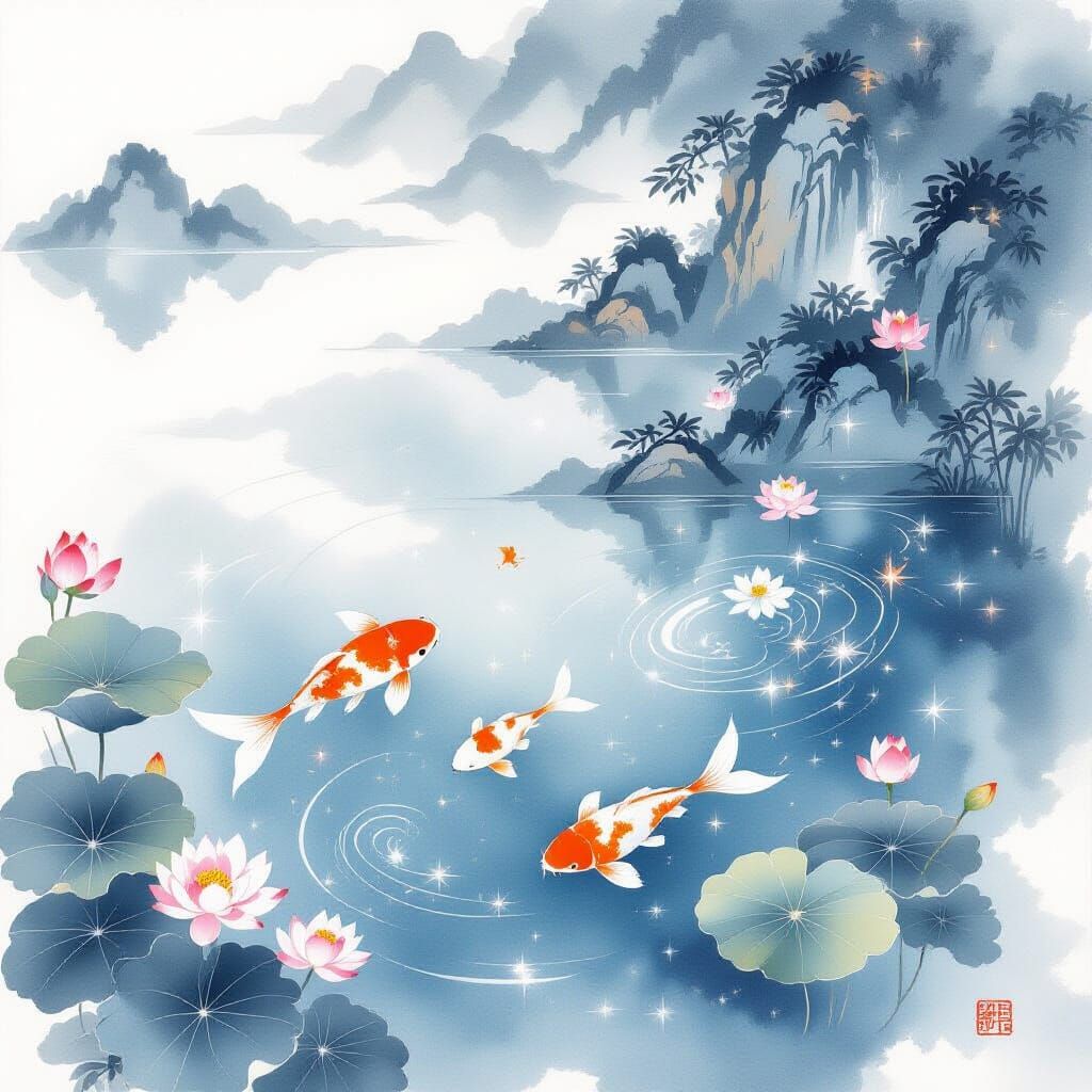 Celestial Ink Fish in Chinese Watercolor Style Pond