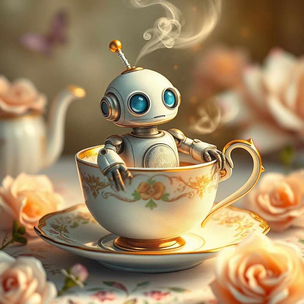 Robot in Teacup: Whimsical Vintage Illustration