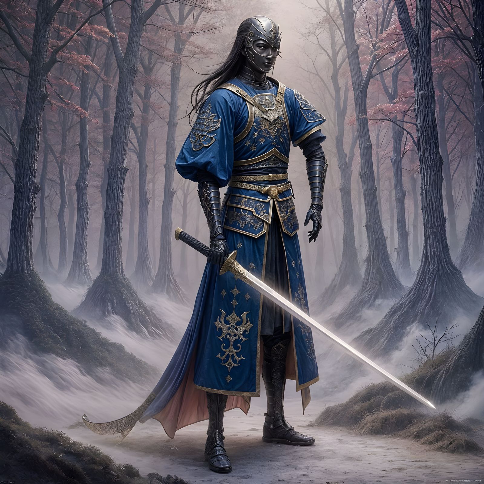 Ethereal Fantasy Scene with Japanese Warrior in Misty Landsc...