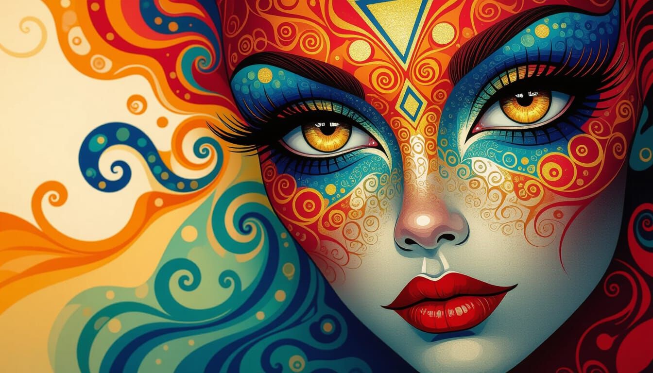 Vibrant Red Alien Portrait with Gold Triangle Eyes