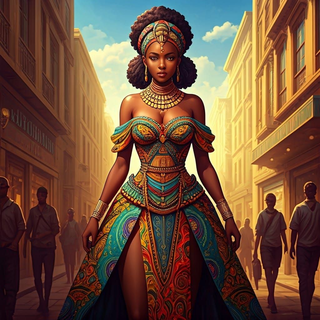 Anime-Style African Woman in Vibrant Street Scene