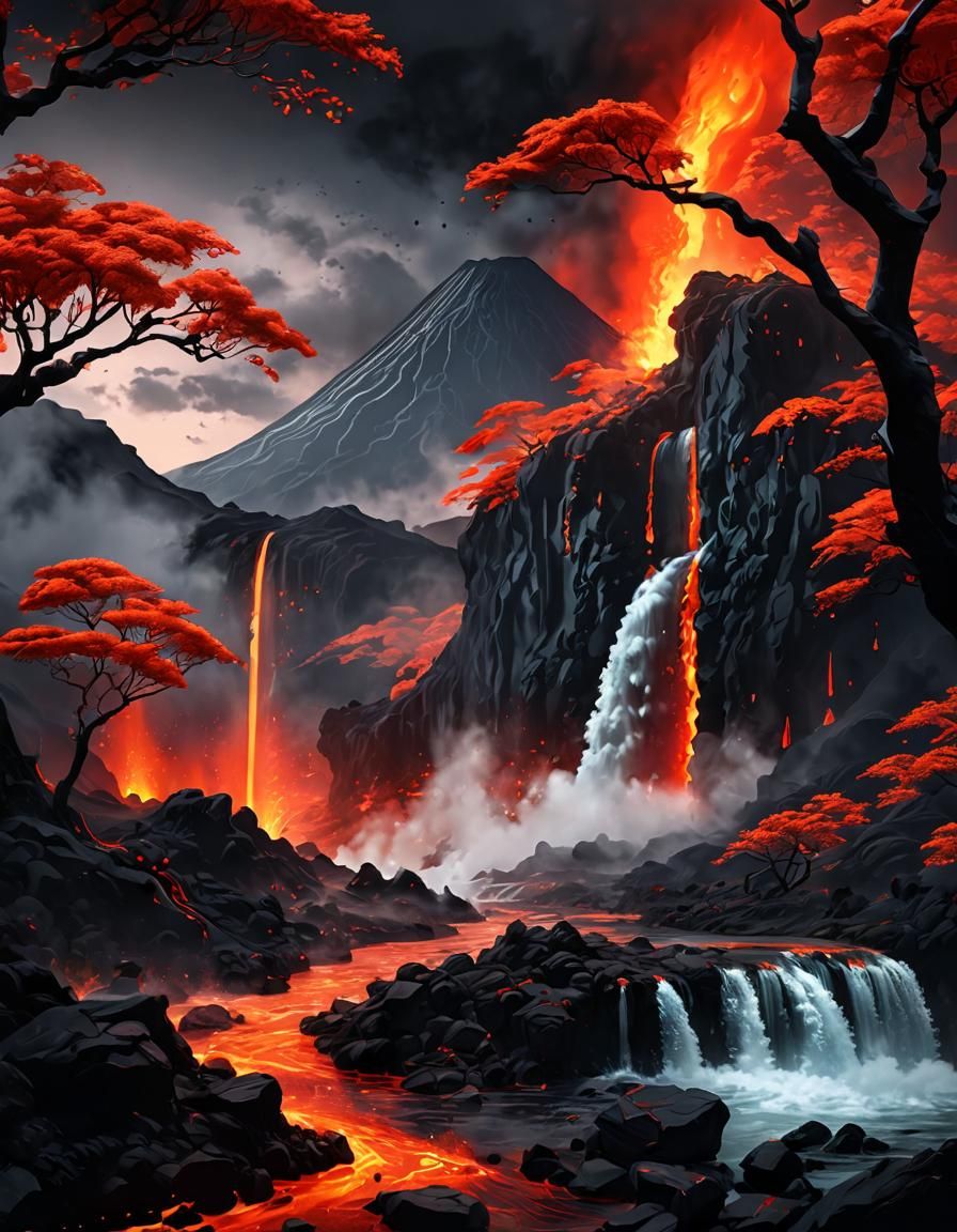 Volcanic Eruption with Lava Flow and Cherry Blossoms