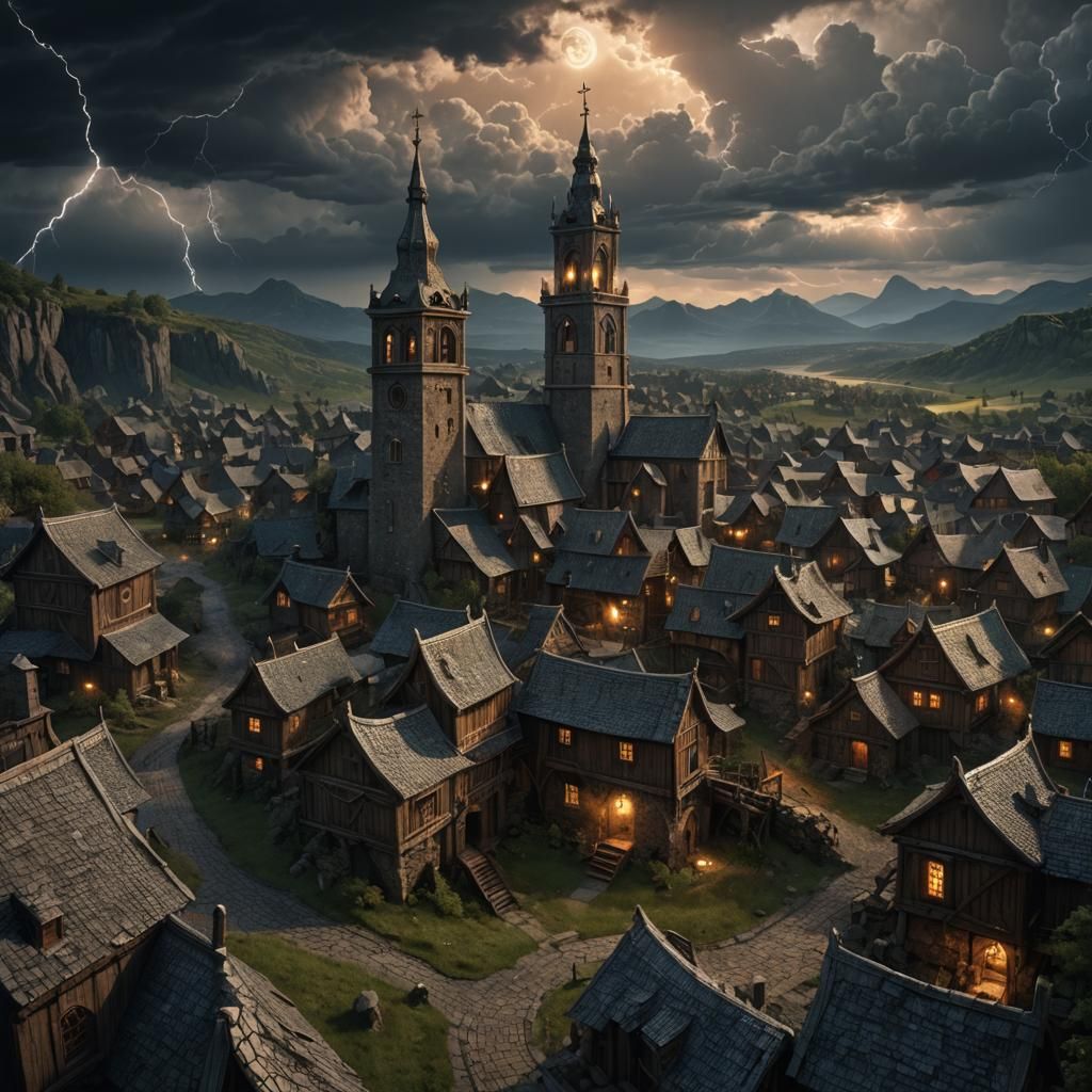 Moonlit Thunderstorm in a Renaissance-Style Old Norse Villag...