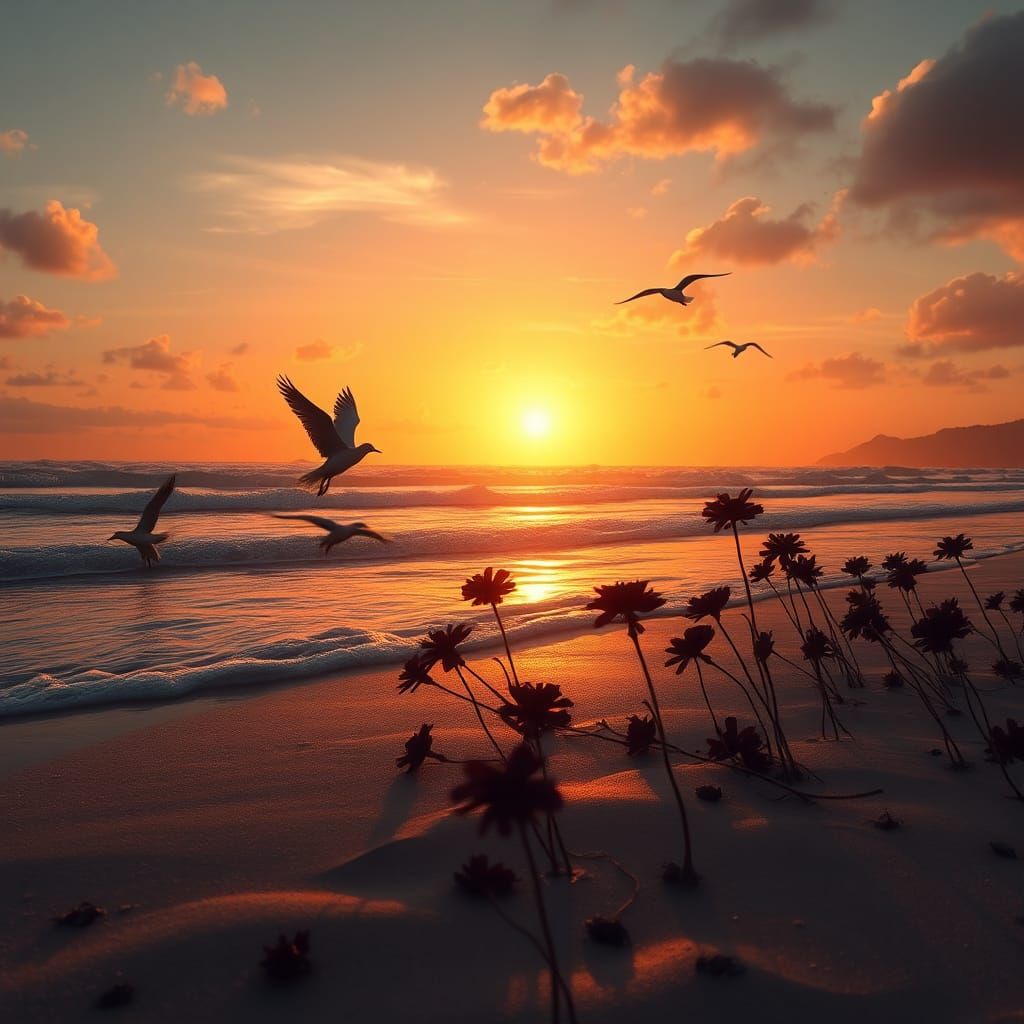 Sunset Beach with Birds and Exotic Flowers