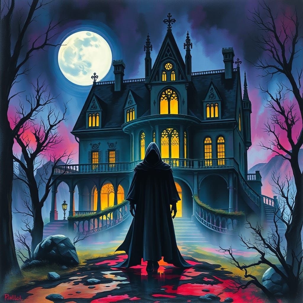 Eerie Gothic Figure in Fluorescent Impasto Style