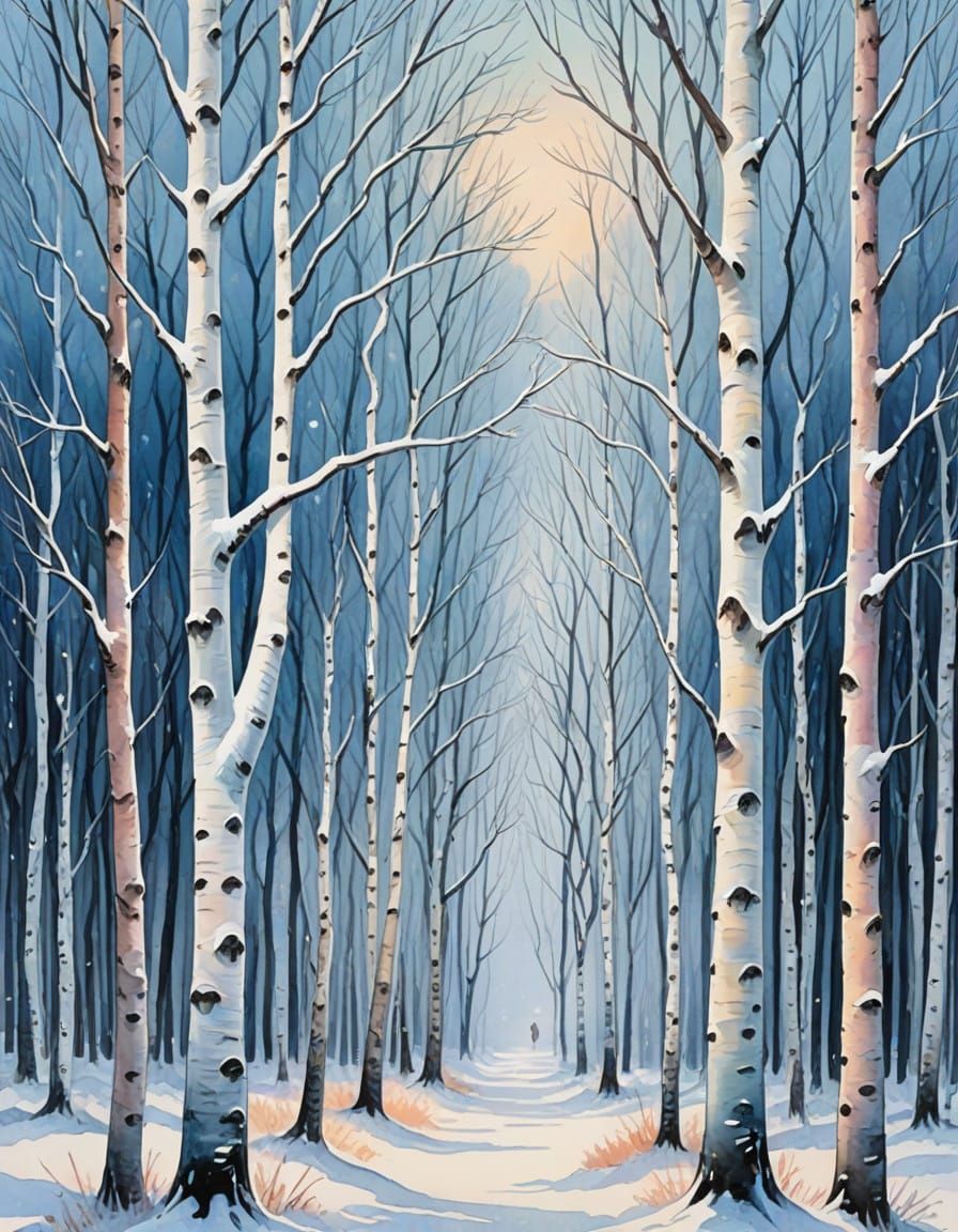Whimsical Winter Wonderland of Birch Trees in Dreamy Waterco...