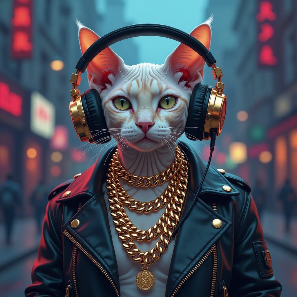 Devon Rex Cat in Leather Jacket and Headphones