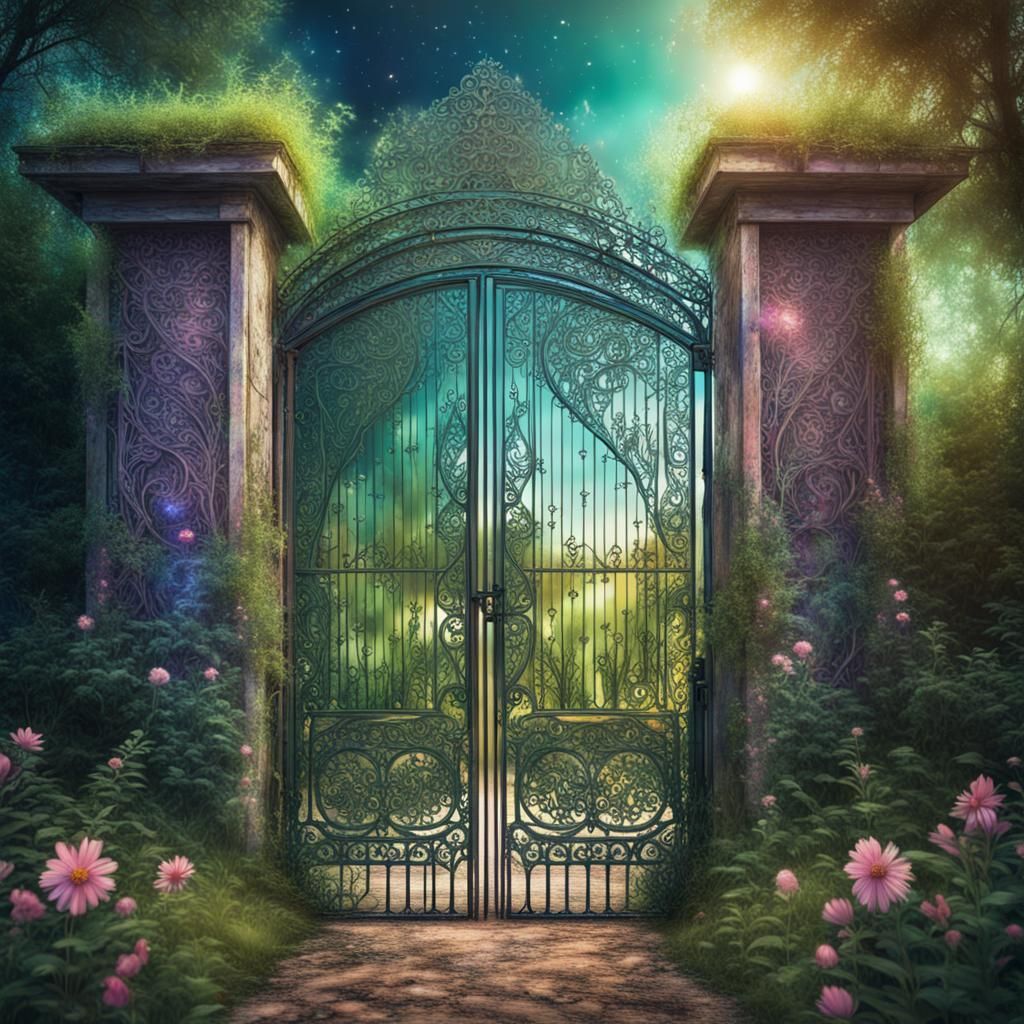 Abandoned old ornate gate as an entrance to a secret garden