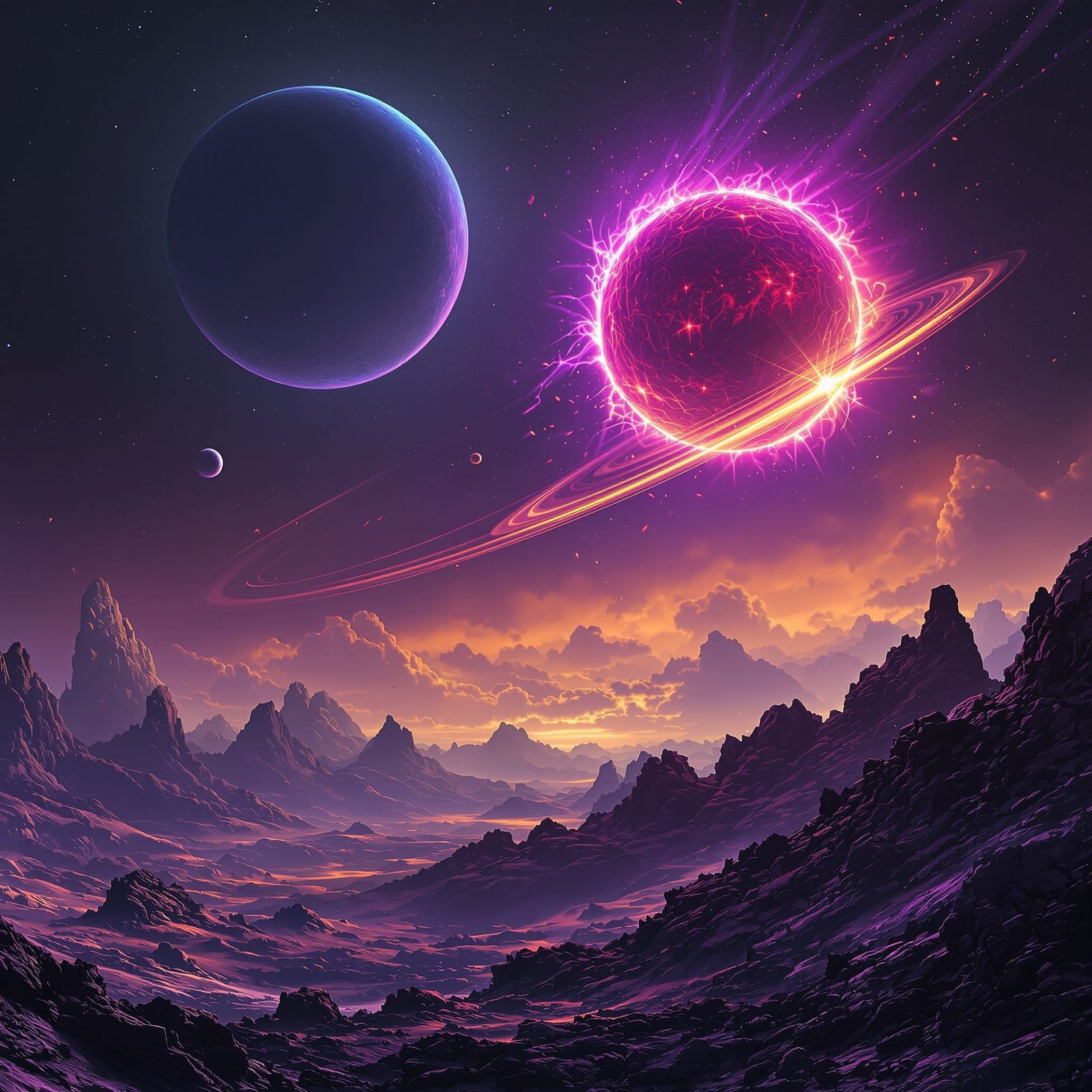 Alien World with Dual Suns and Haunting Skyline