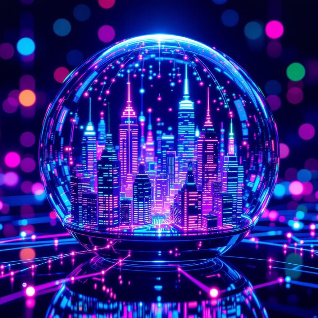 Cyberpunk City in Glass Sphere, Macro Photograph
