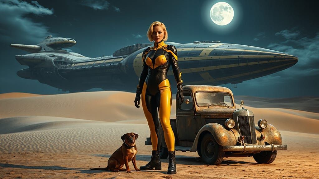 Retro-Futuristic Spaceship with Cyborg in Desert Night