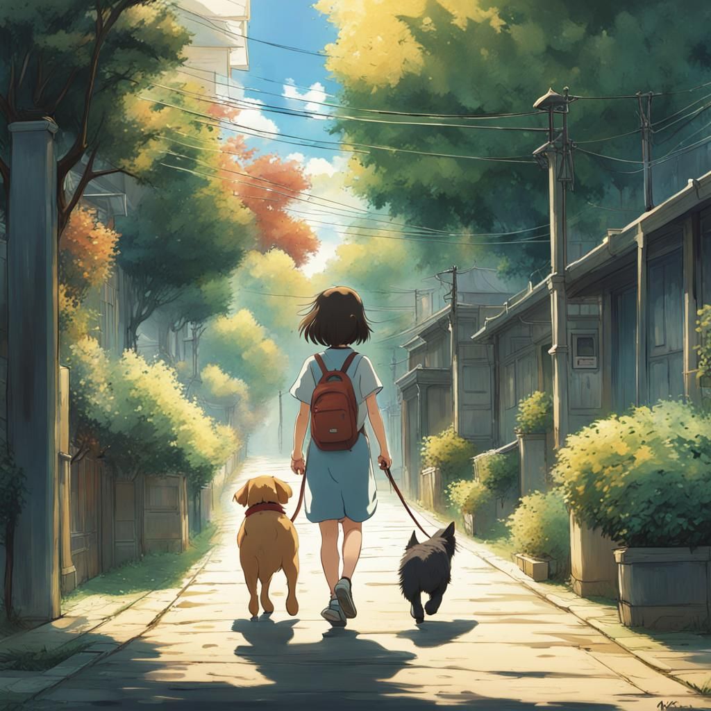Girl Walking Dog in Studio Ghibli Anime Style
