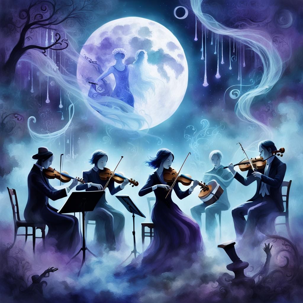 Spectral Musicians Perform Under Moonlit Skies