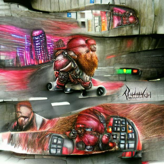 Red-Bearded Dwarf Skateboarding in Cyberpunk City