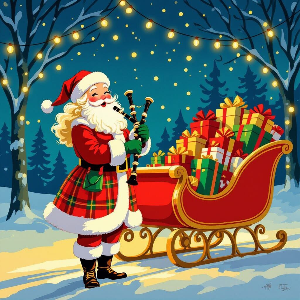 Festive Scottish Santa Woman Plays Bagpipes with Gift Sleigh