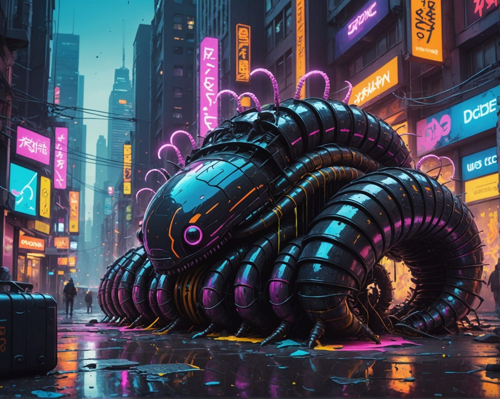 Cyberpunk Millipede Attacks Futuristic Cityscape