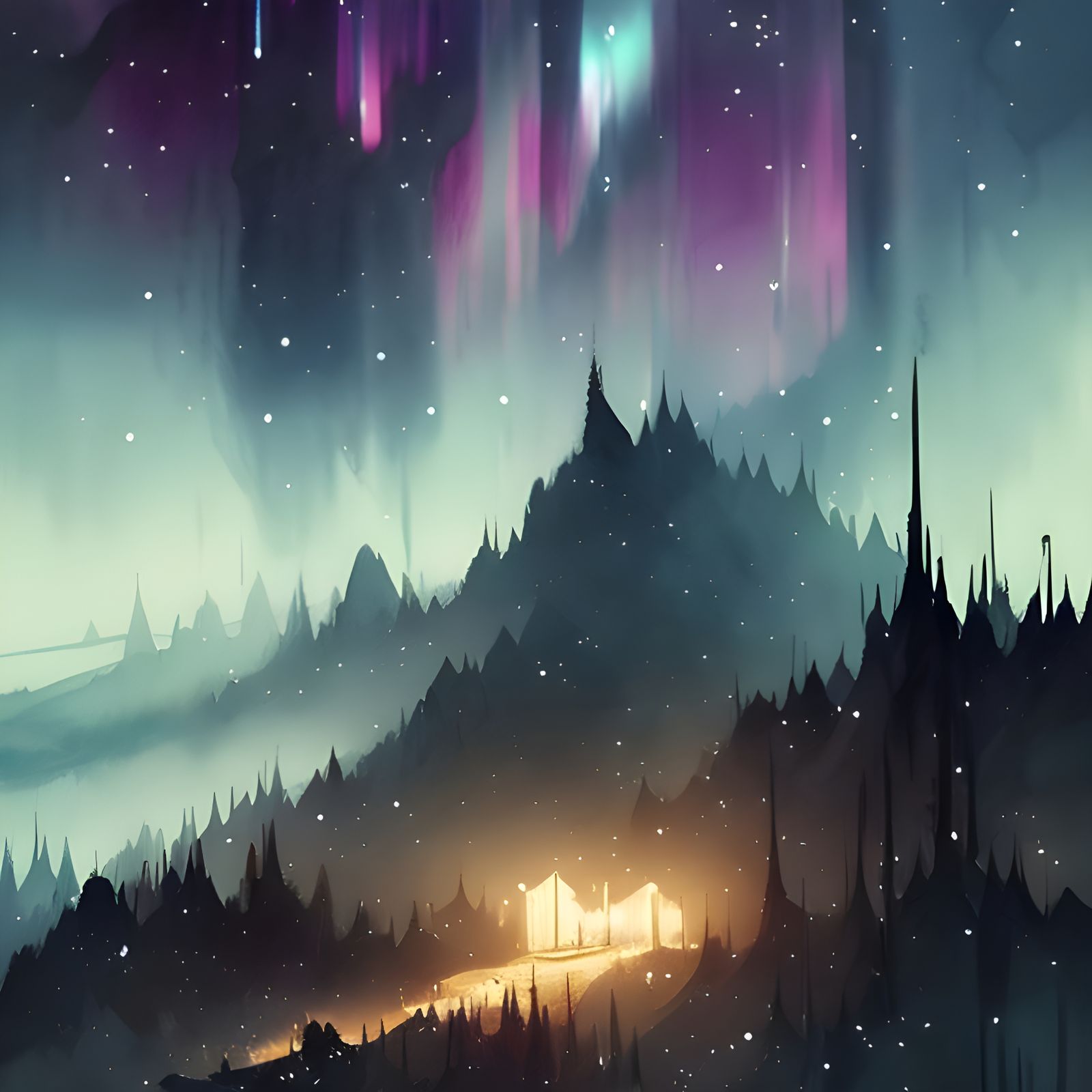 Aurora Borealis Over Village: Watercolor Fantasy Art