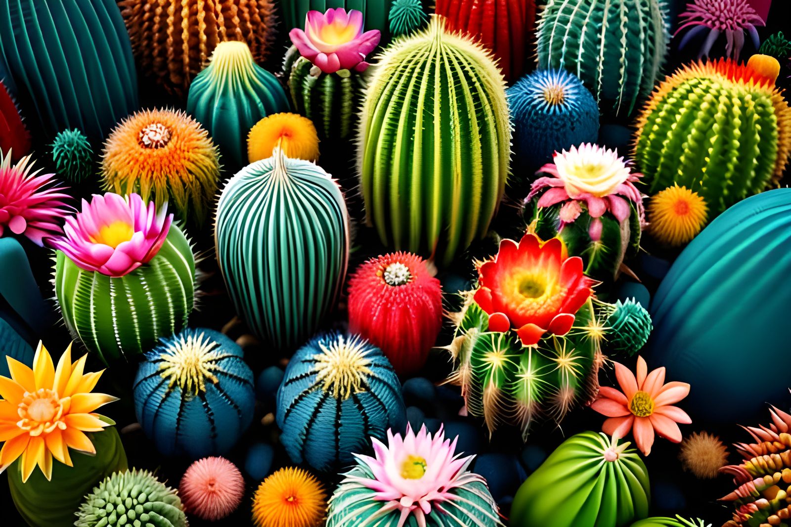 Detailed Cactus Ball with Colorful Flowers