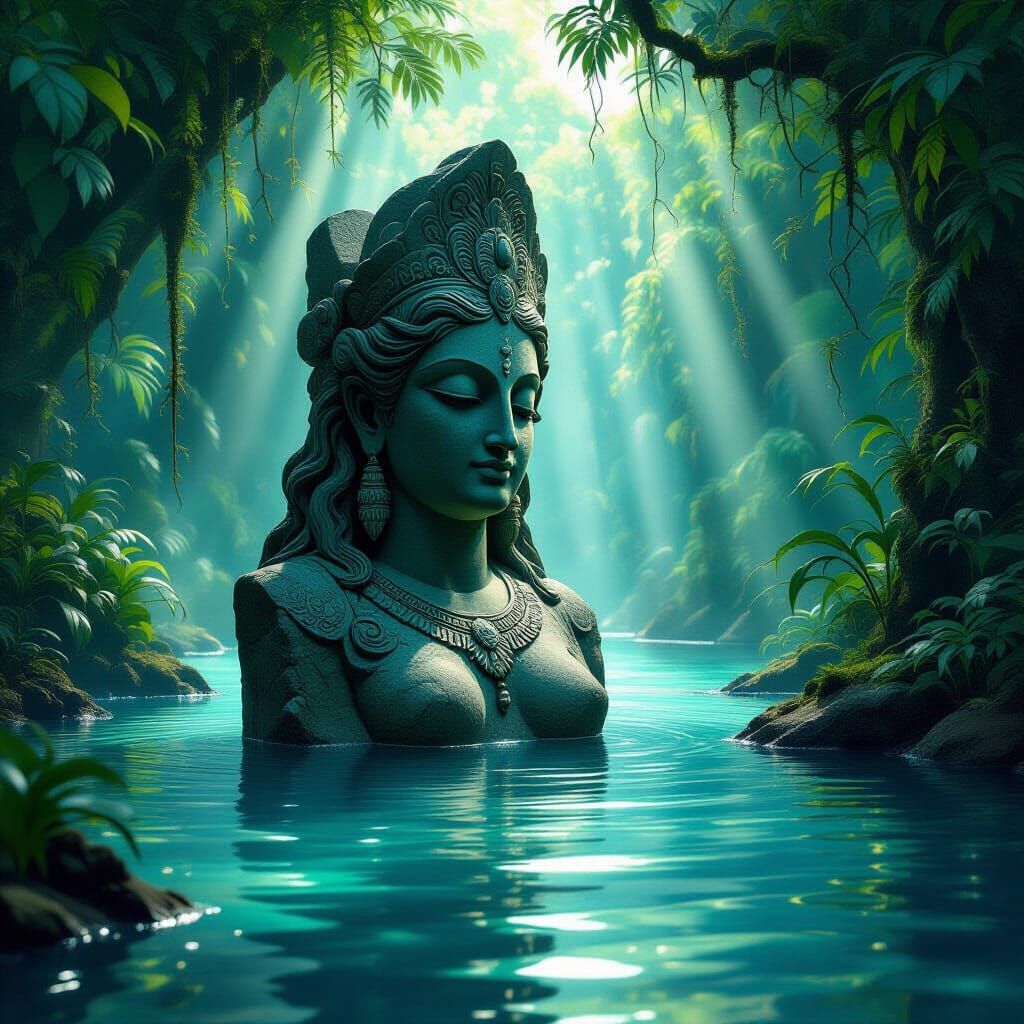 Ancient Goddess Statue in Mystical Lagoon