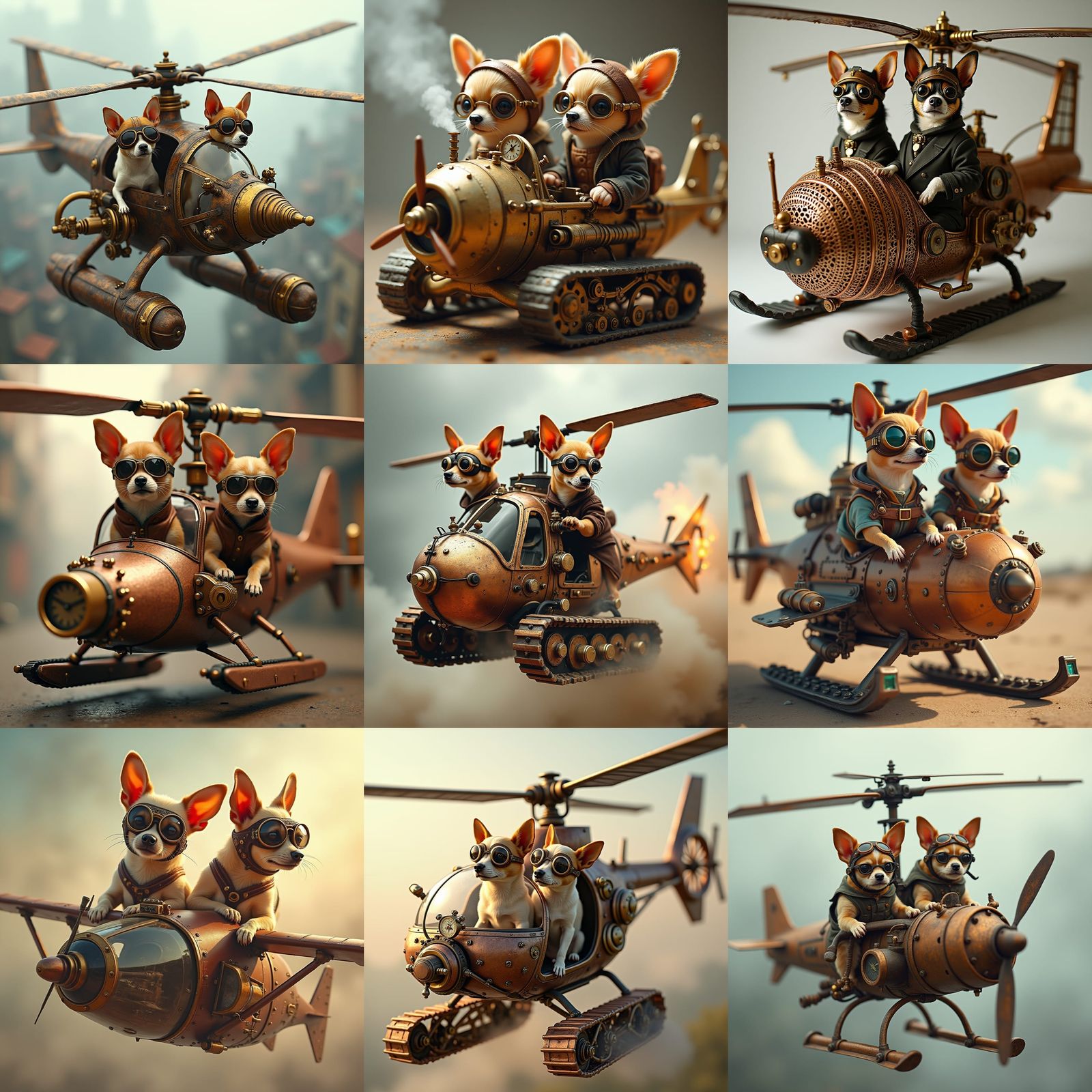 Chihuahuas Pilot Steampunk Helicopter with Tank Treads