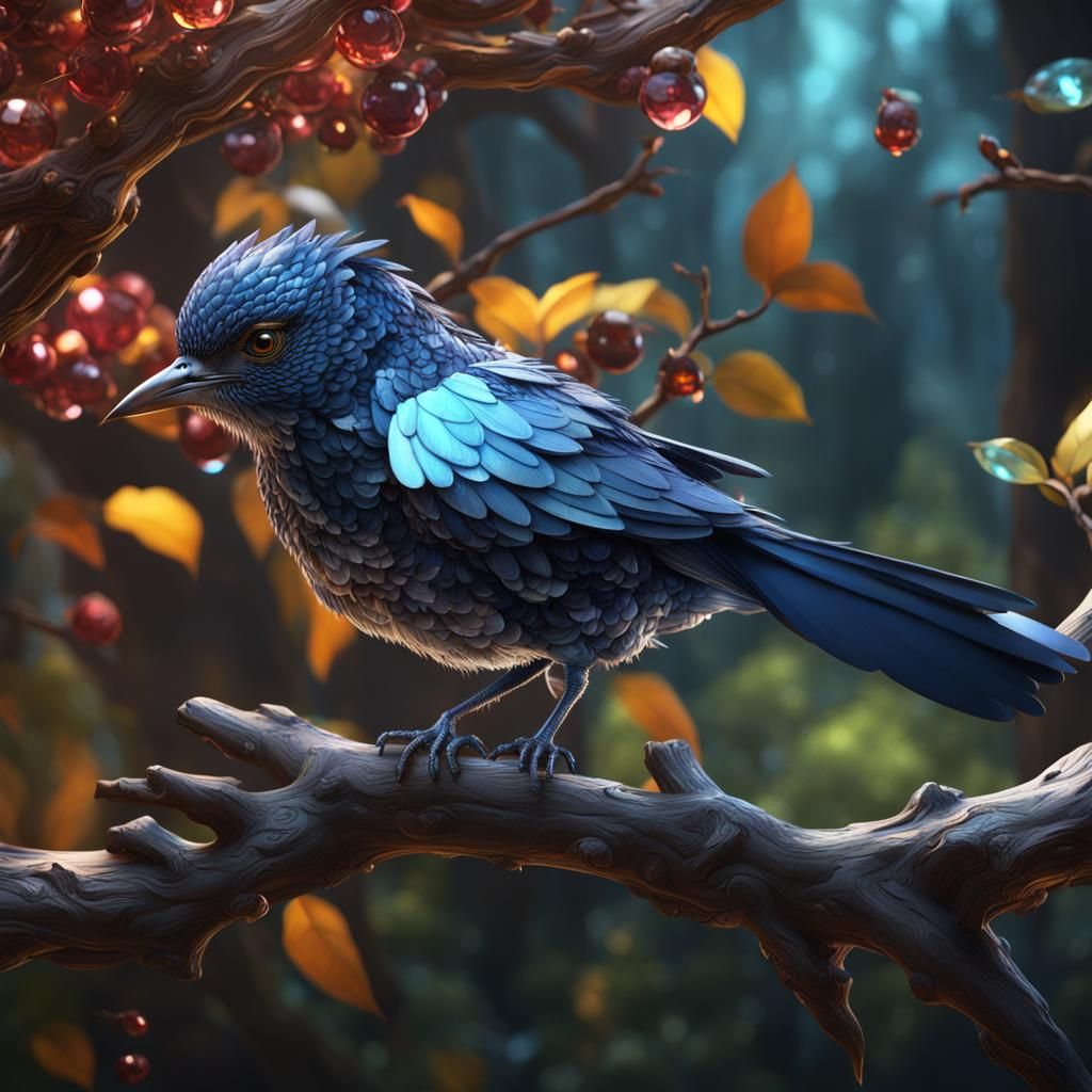 Crystal Bird on Branch in 3D